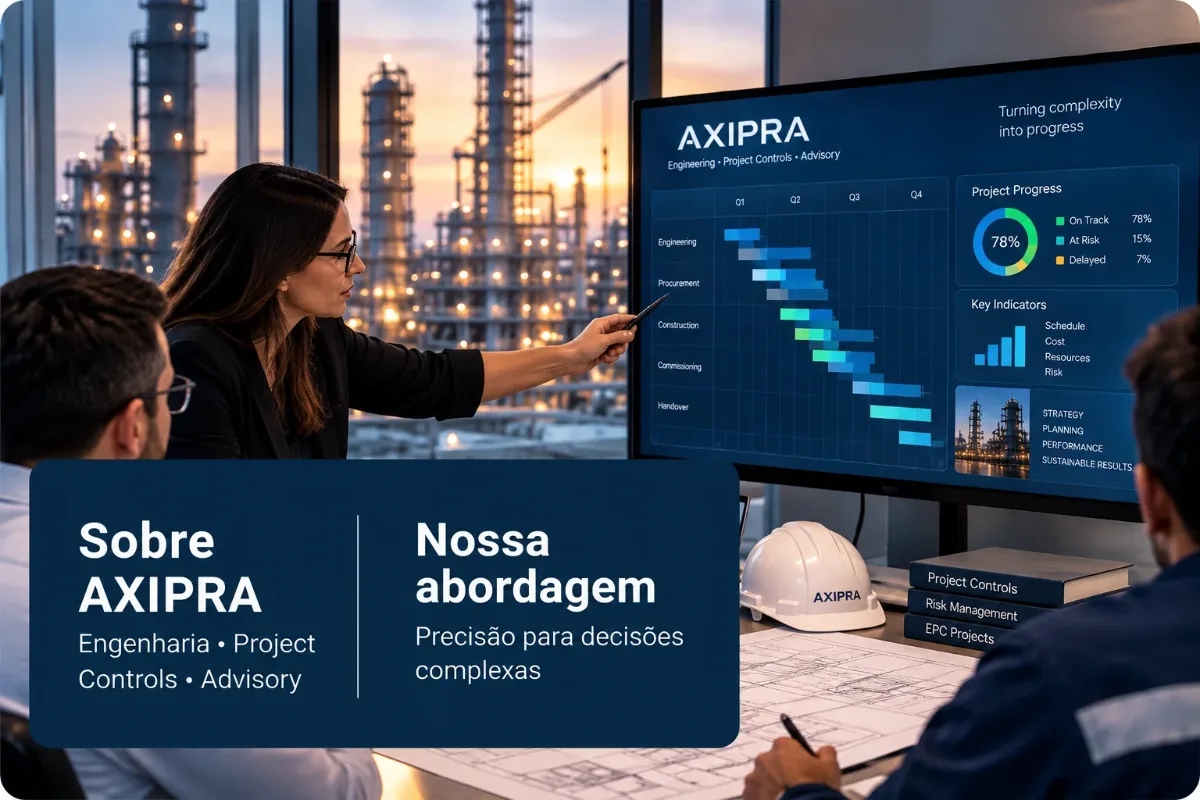 Equipe AXIPRA em reunião analisando cronograma de projeto EPC, com o texto 'Sobre AXIPRA — Nossa abordagem: Precisão para decisões complexas'