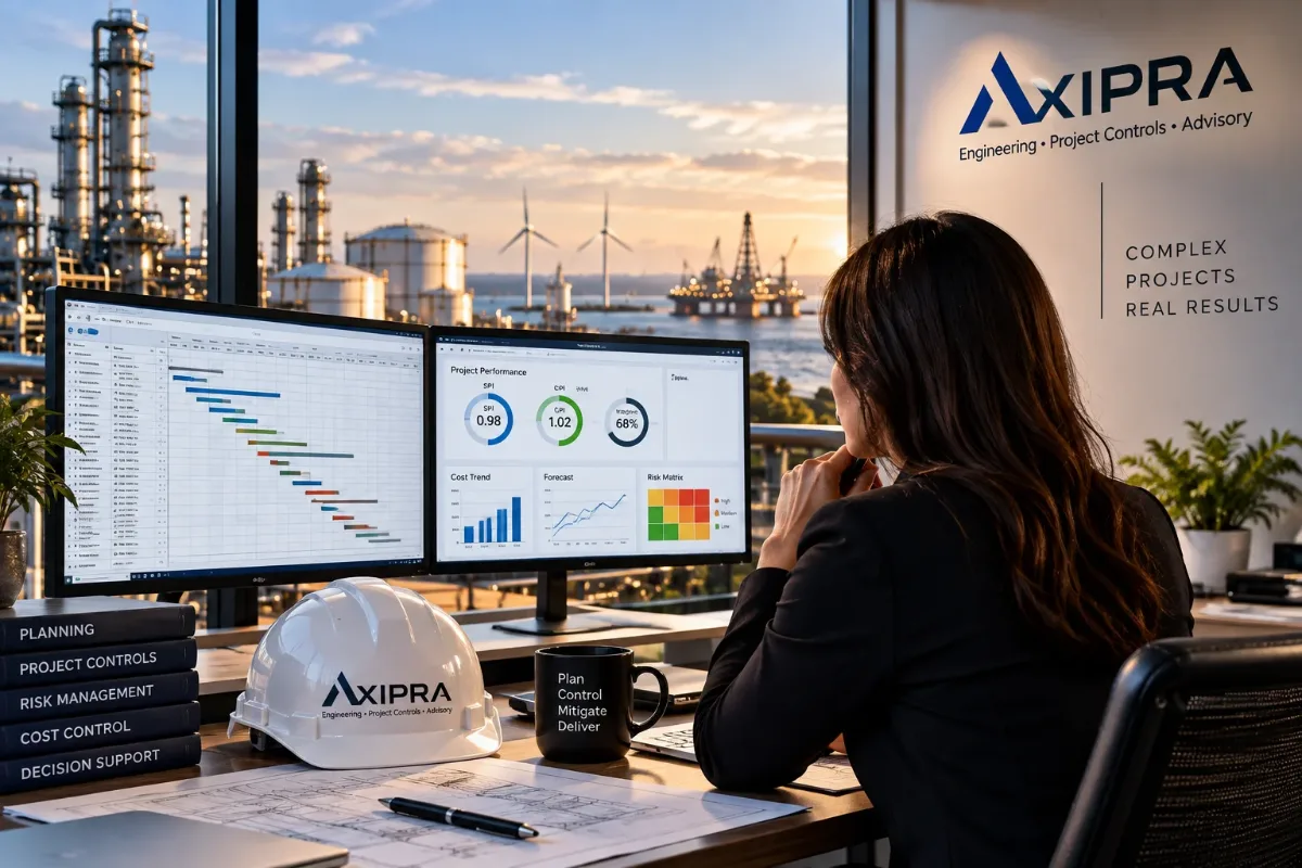 Profissional analisando painéis de cronograma e performance de projeto em escritório com vista para complexo industrial e plataforma offshore, identidade AXIPRA ao fundo