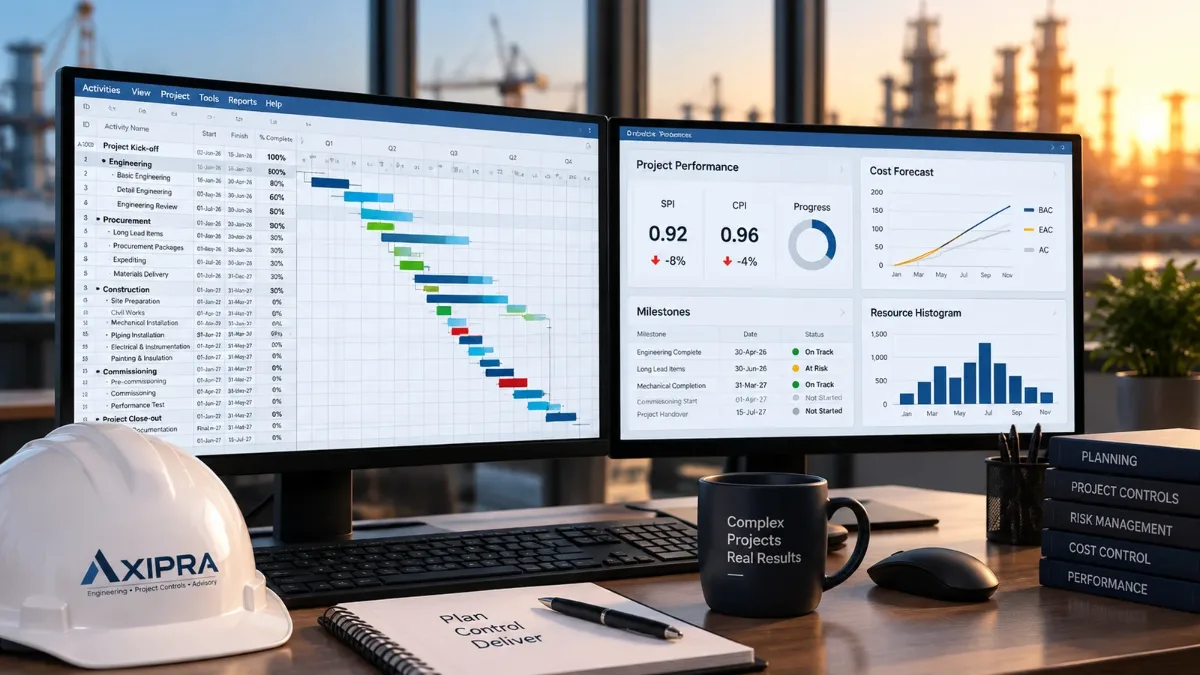 Mesa de trabalho com capacete AXIPRA e monitores exibindo cronograma (Gantt) e indicadores de performance de projeto: SPI, CPI, custo, forecast e matriz de riscos