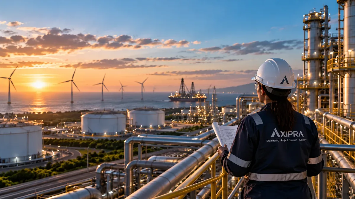 Profissional com jaqueta e capacete AXIPRA observando complexo industrial com refinaria, plataforma offshore e turbinas eólicas ao entardecer