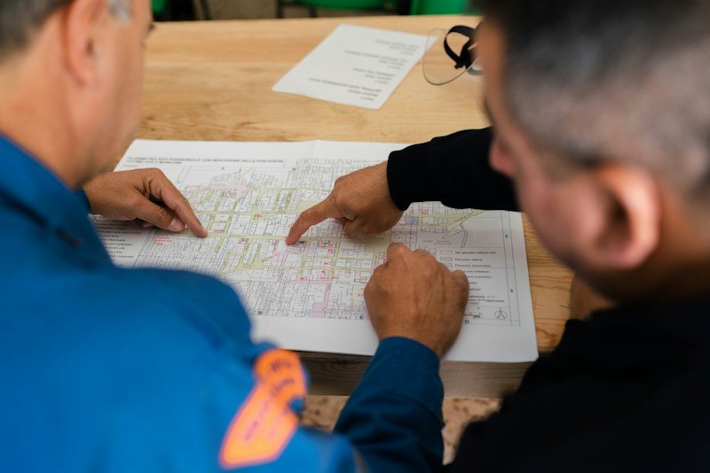 Equipe revisando um mapa de planejamento sobre a mesa